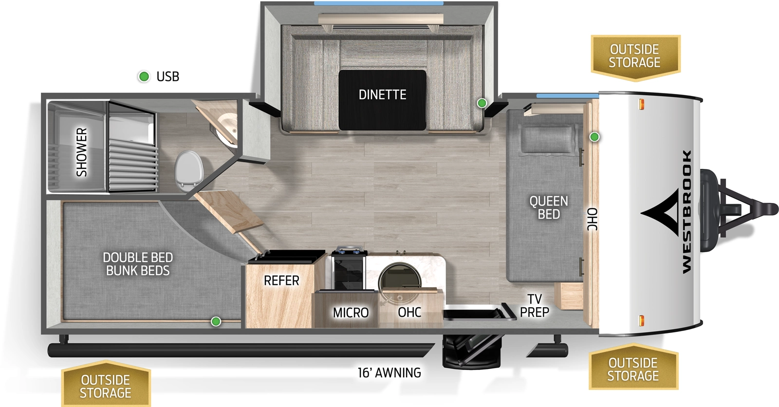 The Westbrook 18BHCC floorplan has one entry and one slide out. Exterior features include: metal exterior and 16' awning. Interiors features include: bunk beds, u-dinette and front bedroom.